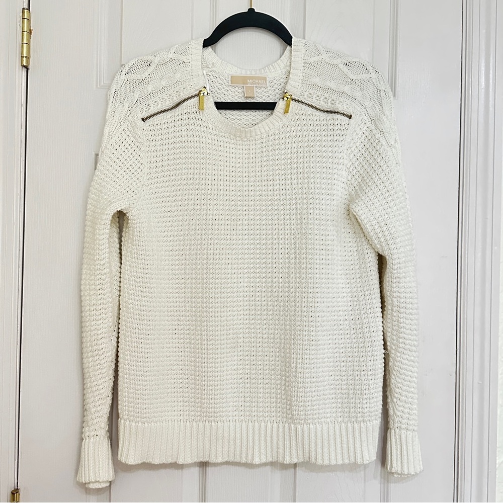 MICHAEL KORS Women’s Cable Knit Sweater White with Gold Zippers